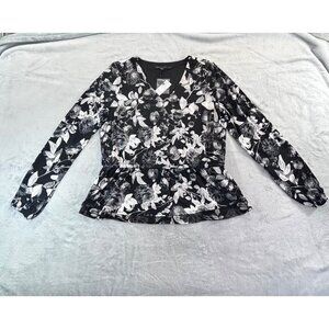White House Black Market Blouse Women's Large Black and White Floral V-Neck Top